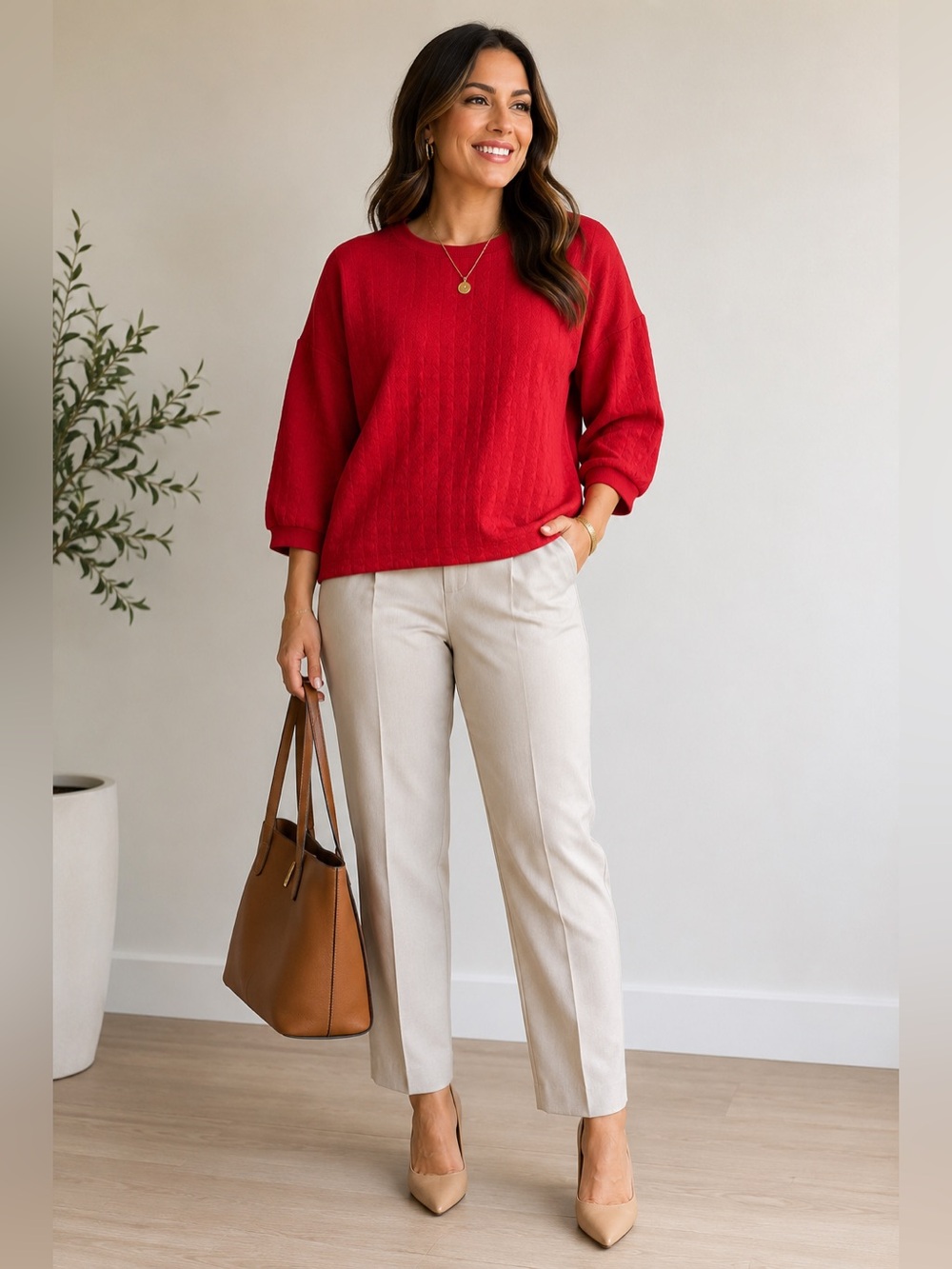 Timing Embossed Textured Sweater Oversized Drop Shoulder 3/4 Sleeve - Picture 6 of 6